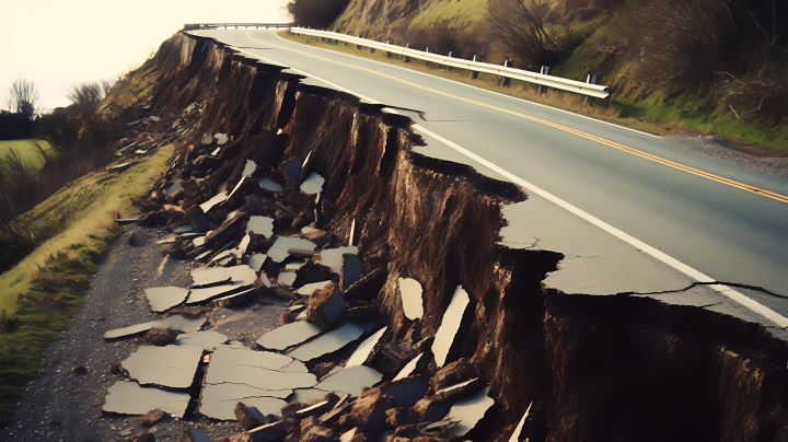 倒塌山体上的公路异形结构摄影图版权图片下载