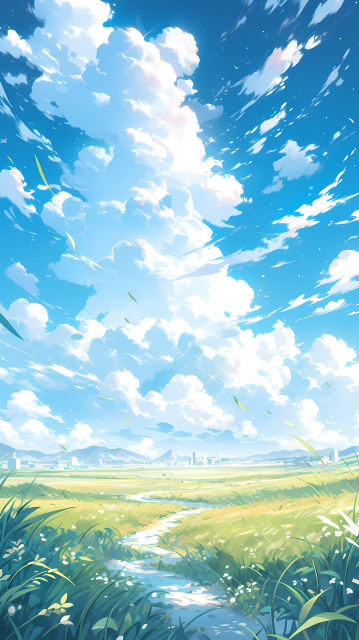 草原平原蓝天白云水彩画摄影图