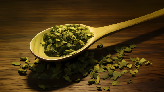 西周风格木勺上绿茶漂浮摄影图