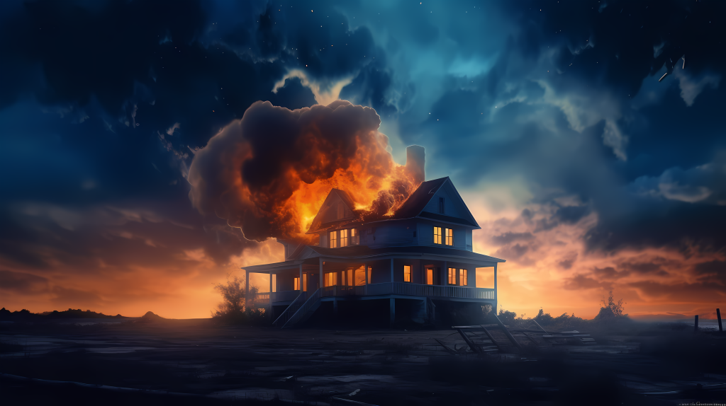 夕阳熏染下的古屋燃烧摄影图