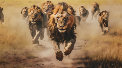 雄狮奔跑草原野性摄影图