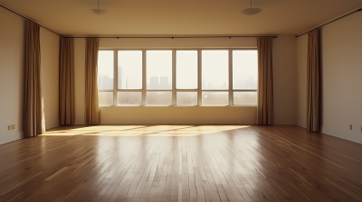 空无一物的木地板房间带窗帘摄影图