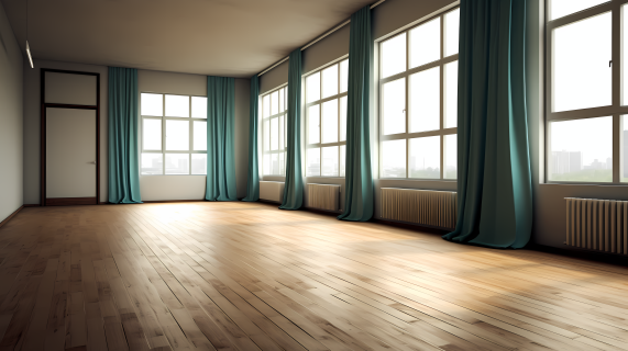 流光溢彩的旋律极简木地板与窗帘的空房摄影图
