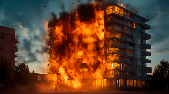 火焰肆虐公寓的多层次暗棕色和天蓝色鞭挞线摄影图片