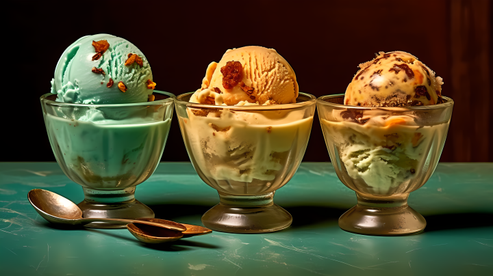 薄荷绿与琥珀色风格的坚果撒粉冰淇淋摄影版权图片下载