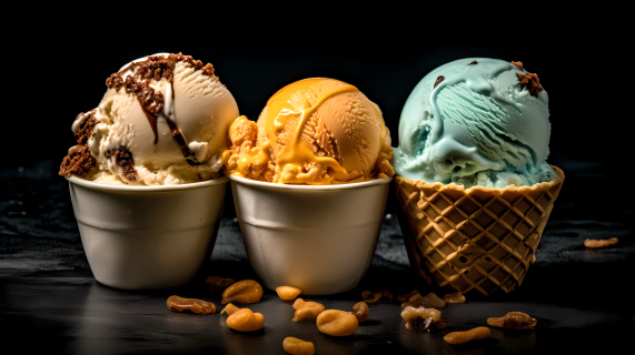 奶油冰激凌杏仁糖果撒在浅青色和深琥珀色的背景下的摄影图片