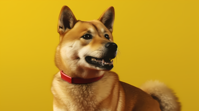 柴犬在黄色背景前的日式摄影图