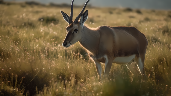 阳光下牛角犀利的母鹿在草地上吃草摄影图
