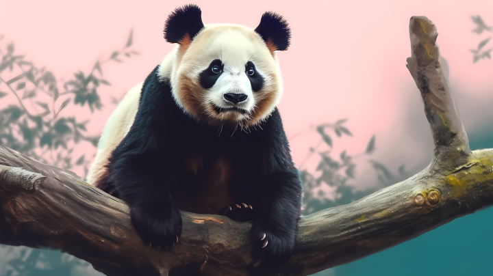 熊猫坐树枝爆炸色毛皮摄影图版权图片下载