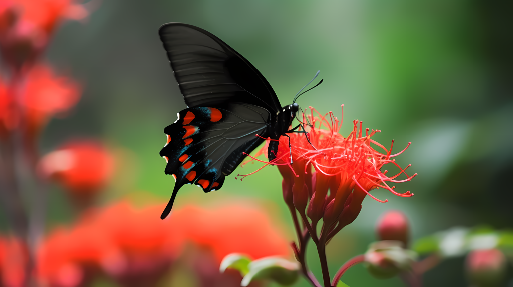 商代氛围下黑蝴蝶掠过红花海摄影图版权图片下载