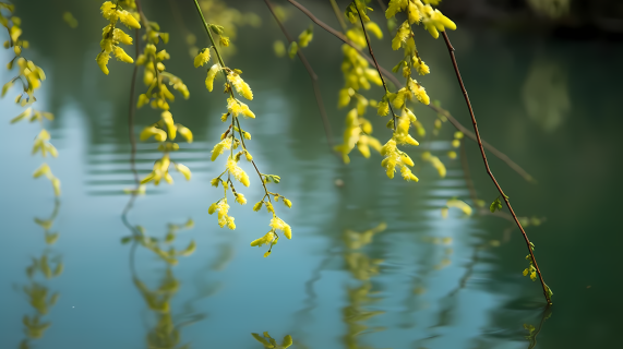 柳树黄花水中漂摄影图片