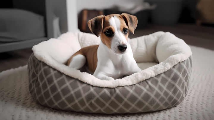 贵宾犬在灰色地毯狗床上静坐32k uhd风格的摄影版权图片下载