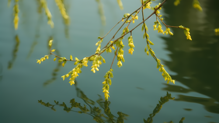 柳树上的小黄花水中漂浮摄影版权图片下载