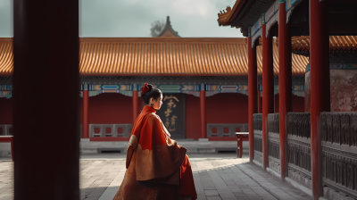 红衣女子在紫禁城中的自然历史摄影图