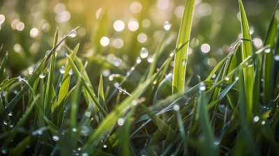 阳光下的水珠绿草自然图
