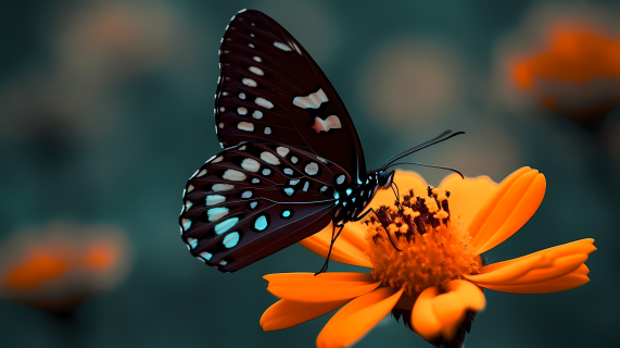 橙花上的黑蝴蝶摄影图