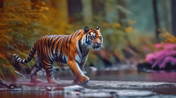 森林中溪流上走着一只老虎的壮丽摄影图