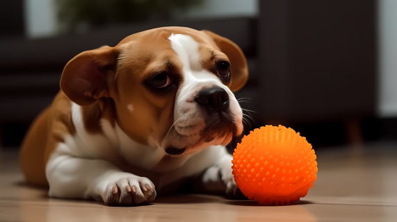 萌犬咬橙球摄影图片