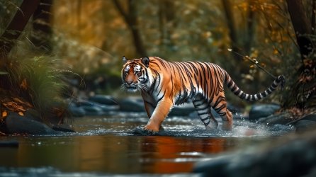 森林溪流中漫步的老虎摄影图