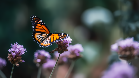 紫花丛中的帝王蝶摄影图