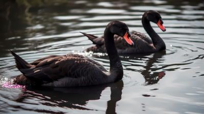 绿红交织的黑天鹅池塘摄影图