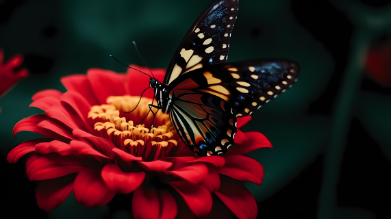 红花上的蝴蝶Y2K审美，超验主义和自然主义风格的摄影图