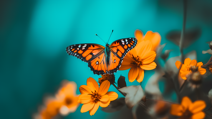 蝴蝶停歇橙花前乔尔·罗比森风格摄影图版权图片下载