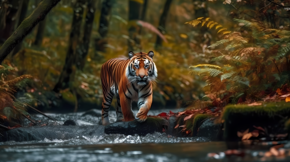 森林小溪上漫步的老虎摄影图