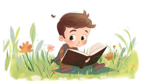 卡通男孩在草地上阅读开本书摄影图片