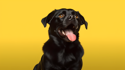 黑狗坐在黄色背景上的生动面部表情摄影图片