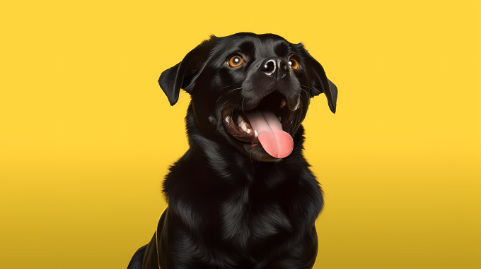 黑狗坐在黄色背景上的生动面部表情摄影图片