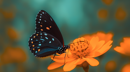 黑蝴蝶停留在橙色花朵上的摄影图