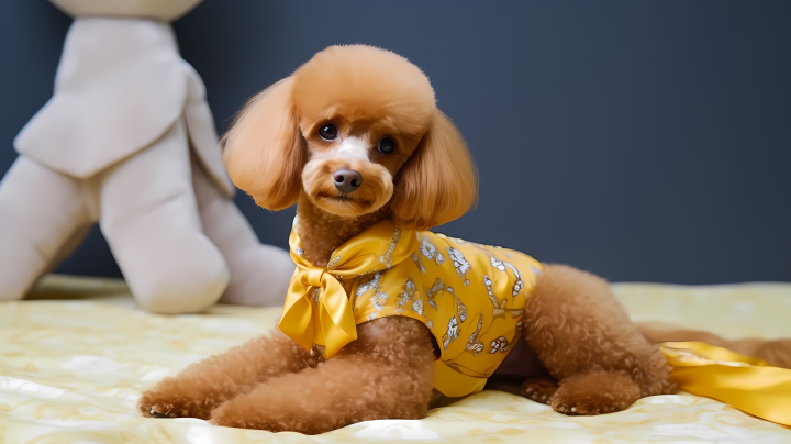 豆渣狗穿着黄白相间的礼服，风格轻紫和深蓝色的摄影版权图片下载