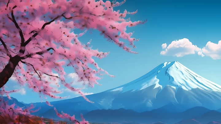 粉色樱花树富士山摄影版权图片下载