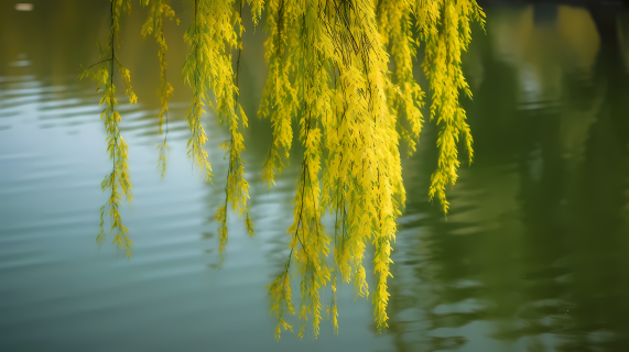 湖泊上的柳树树枝摄影图