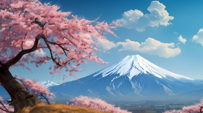 富士山前粉色樱花摄影图