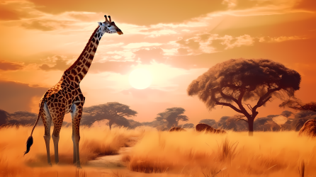 落日余晖下的长颈鹿摄影图