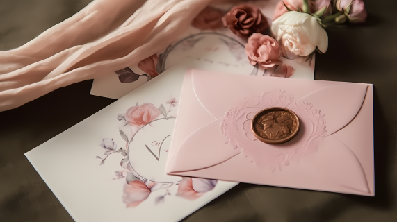 粉色花卉图案信封和蜡封印章的摄影图片