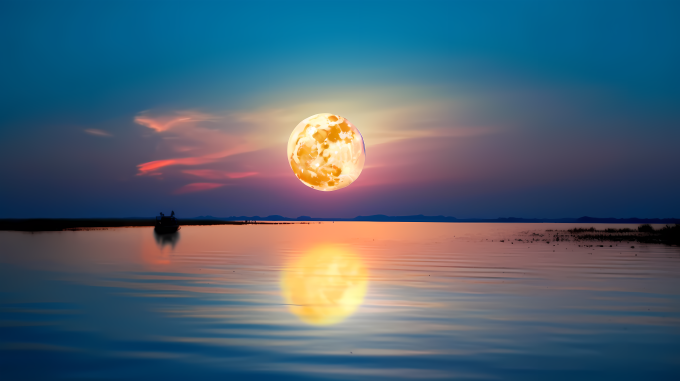 天空之蓝水面月升摄影图