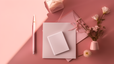 淡粉色木质桌上的白色信封笔和花摄影图片