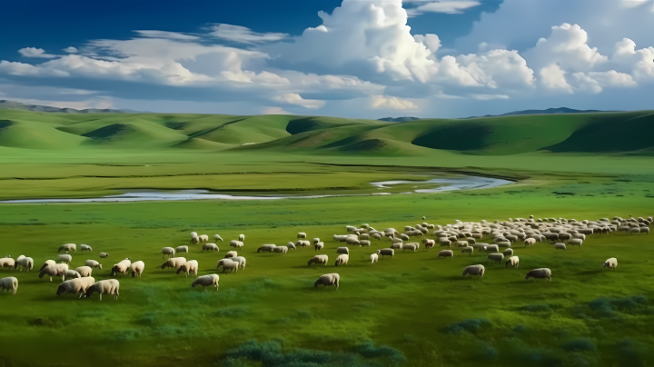 蒙古草原上的绵羊摄影图版权图片下载