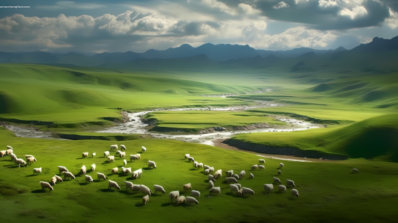 蒙古草原绵羊觅食摄影图