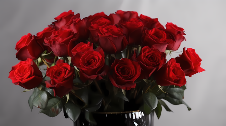 黑色花瓶里的红玫瑰花束摄影图版权图片下载
