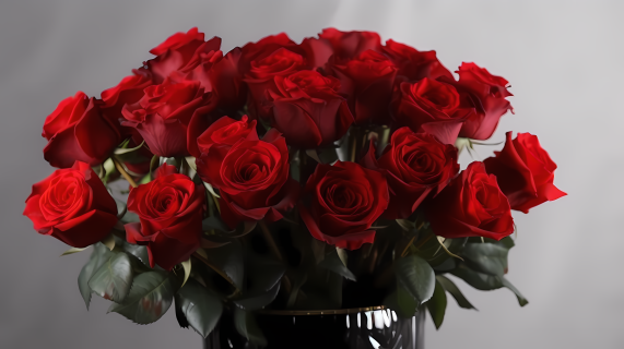 黑色花瓶里的红玫瑰花束摄影图