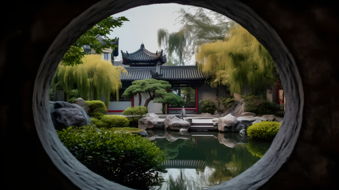 古韵流转，水中倒影珠圆玉润摄影图