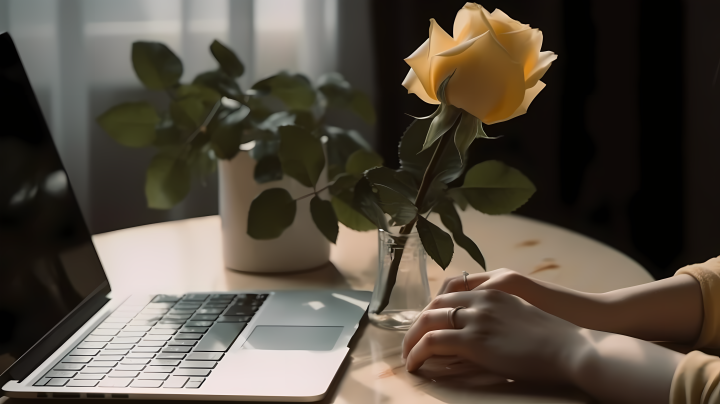 手持玫瑰的女性使用笔记本电脑的快照美学摄影图版权图片下载