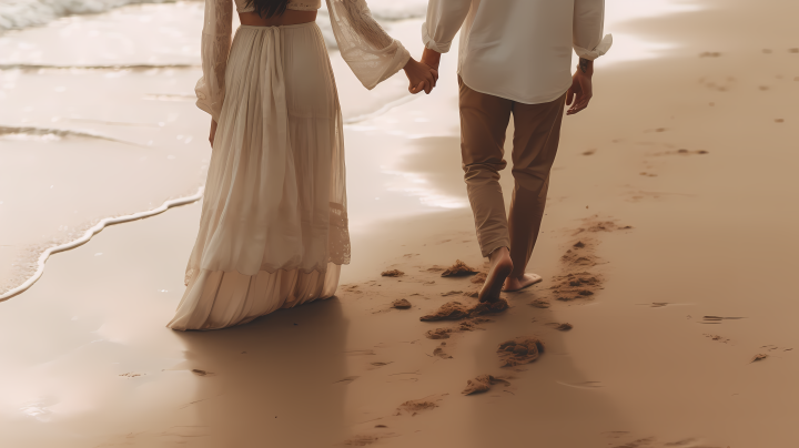 浅褐色与浅米色的浪漫夫妇手牵手沙滩摄影图版权图片下载