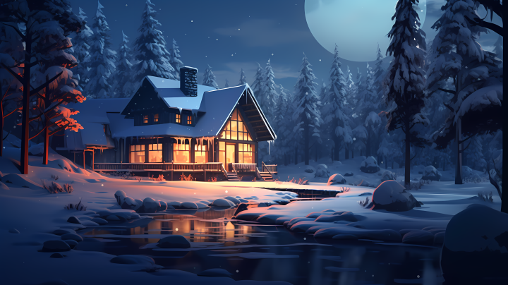 冬夜雪地上的小屋摄影图版权图片下载