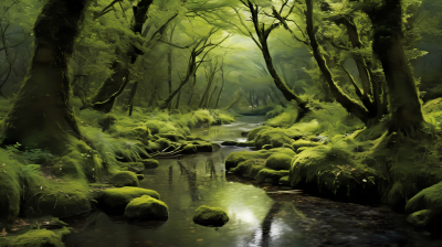 溪流与苔藓环绕的绿树森林摄影图