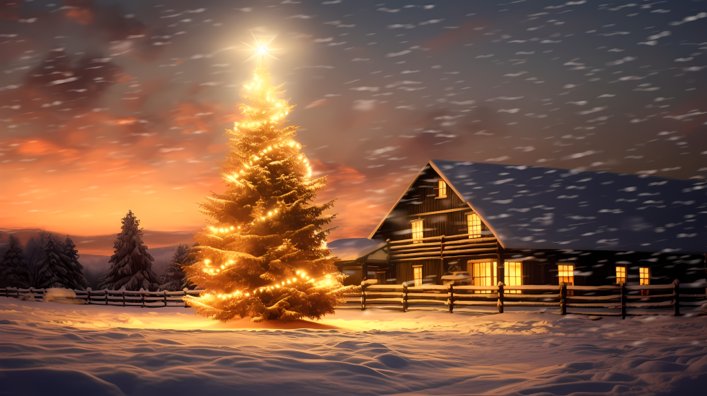 雪地里点亮的浪漫乡村生活摄影图版权图片下载